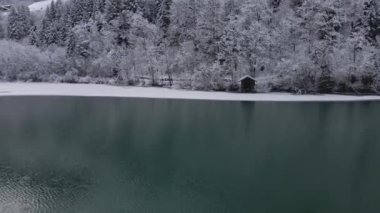 Avusturya 'daki Klammsee Reservoir ve Winter Forest Scenery' nin insansız hava aracı izleme görüntüleri.