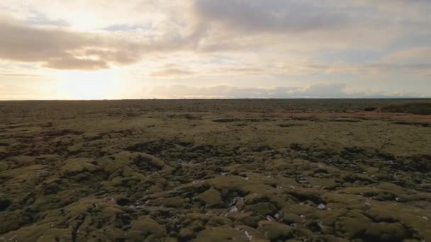 Schöne Drohnenaufnahmen von weiten bemoosten Ländern und himmlischem Himmel im Hintergrund — Stockvideo