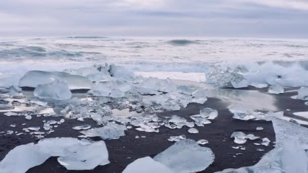 Лед и серфинг на Даймонд-Бич возле исландской лагуны — стоковое видео
