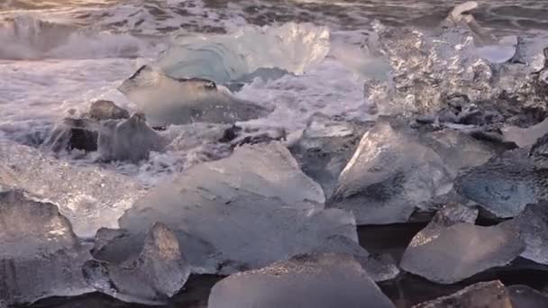 アイスランドの氷河湖の近くのダイヤモンドビーチでサーフィン — ストック動画