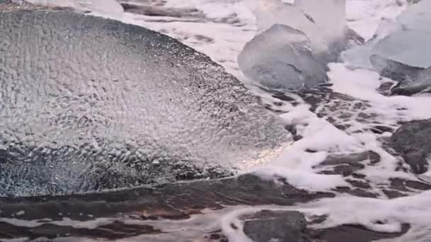 Surfing som flyter runt på is på Diamond Beach, Island — Stockvideo