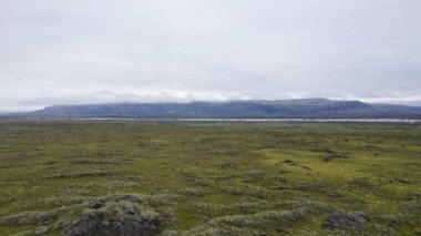 İnsansız hava aracı yosunlu arazinin üzerinden dağa doğru uçuyor.