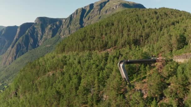 Drone sobre la ladera de la montaña cubierto en el bosque con la cubierta de observación — Vídeos de Stock