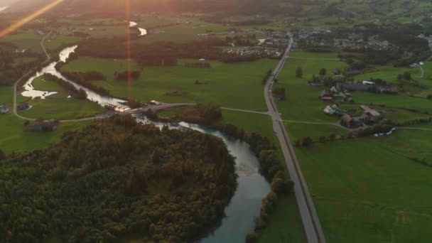 Drone Flight over Patchwork Tájkép naplementekor — Stock videók