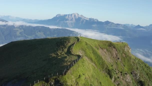 Drone Shot of the Schwalbenwand Mountain Trails with a View of Misty Horizon — Vídeos de Stock