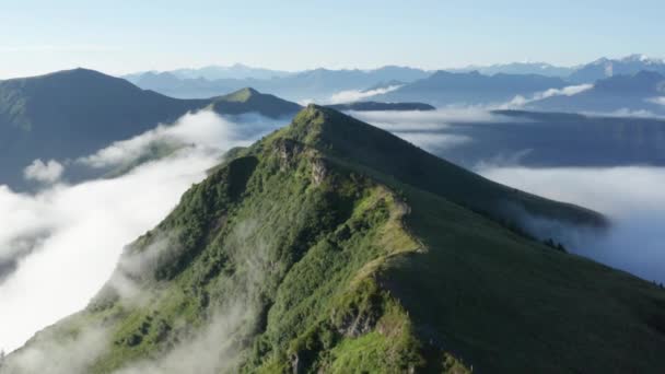 Vista aerea superiore della lussureggiante Schwalbenwand Mountaintop con nebbia circostante Horizon — Video Stock