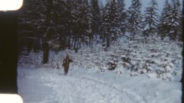 Bir kayakçı, karla kaplı bir orman patikasında, 8 mm 'lik bir kış ağaçlarının arkaplanıyla, sakin, kış sahnesinde kayar..