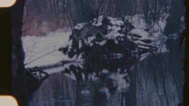 Sakin, karlı bir manzara, sakin bir nehre yansıyor, 8 mm 'lik filme çekiliyor, kışın dinginliğini gösteriyor..