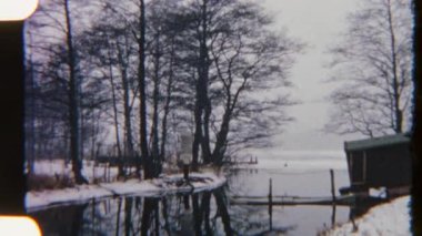 8 mm 'lik Retro film, karlı bir arazide çıplak kış ağaçlarını bir göl ile yakalıyor, yansımaları sakin suya yansıyor. Yumuşak tanecikler ve sessiz tonlar nostaljik ve sakin bir kış atmosferini çağrıştırıyor..