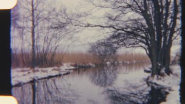 Retro 8 mm 'lik film, karla kaplı bir nehir kıyısında çıplak ağaçları çekiyor. Yumuşak tahıl ve sessiz kış tonları nostaljik, huzurlu ve huzurlu bir doğal manzarayı çağrıştırıyor..