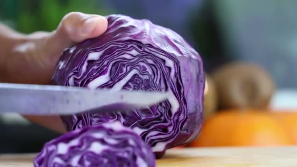 Hand slicing cabbage with a knife — Stock Video