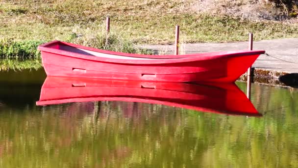 Canoa roja en el lago — Vídeo de stock