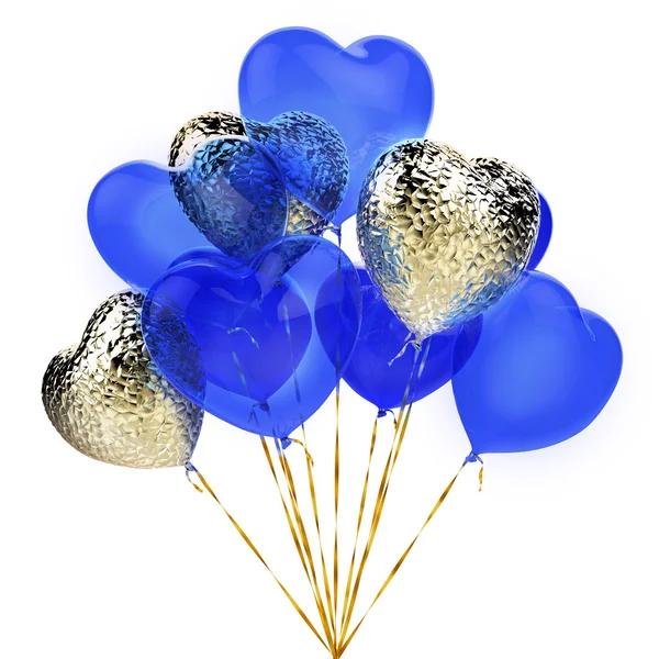 Goldene und blaue Luftballons in Herzform — Stockfoto