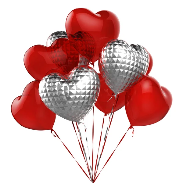 Красные и серебряные шарики в форме сердца — стоковое фото