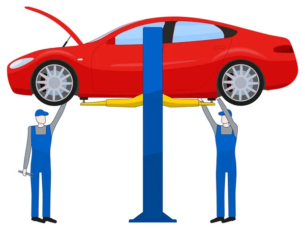 Twee mechanische permanent onder bodemplaat en herstellen van een auto op auto hoist opgeheven — Stockvector