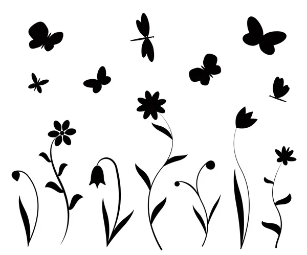 黑色的花，蝴蝶和蜻蜓 — 图库矢量图片