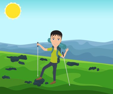Bir sırt çantası ile komik adam hiking gider