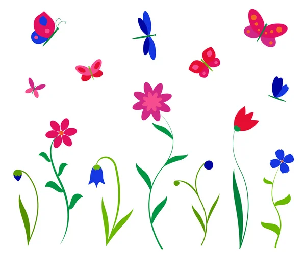 五彩缤纷的花朵、 蝴蝶和蜻蜓 — 图库矢量图片