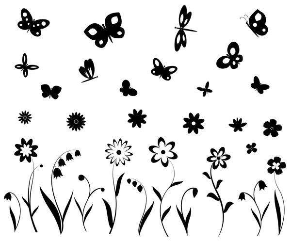 鲜花、 蝴蝶和蜻蜓 — 图库矢量图片