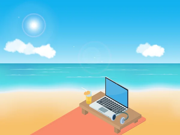 Sea beach, laptop and headphones — Stock Vector