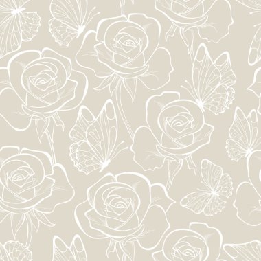 Çiçek ve kelebek ile Seamless modeli. Çiçek ornament.and çizilmiş kontür çizgileri ve vuruş. Düğün arka plan.