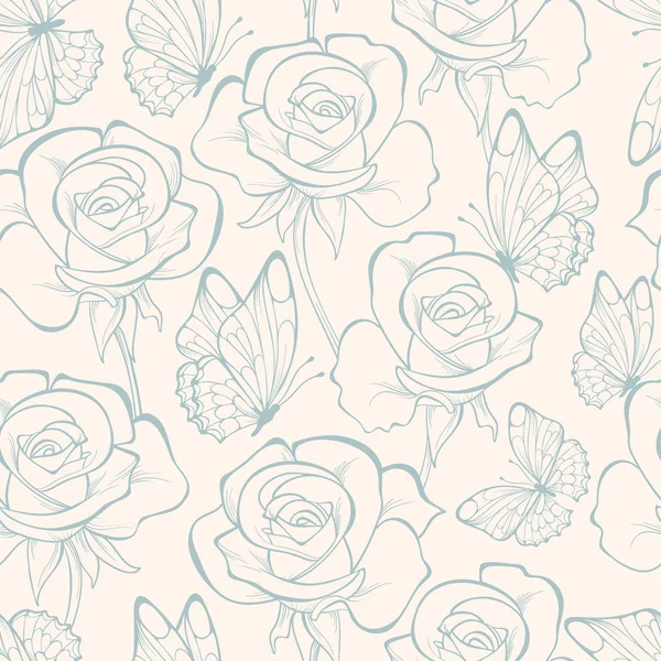 Nahtloses Muster mit Rosenblüten und Schmetterling. florale Ornamente und gezeichnete Konturlinien und Striche. Hintergrund der Hochzeit. — Stockvektor