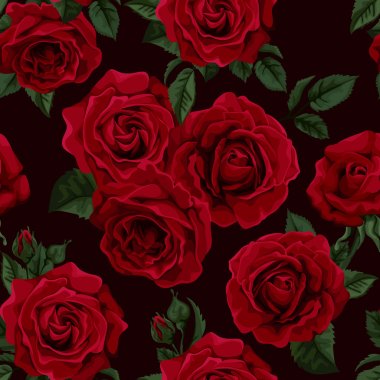 Seamless wallpaper pattern with roses and other flowers on design background, vector illustration. clipart