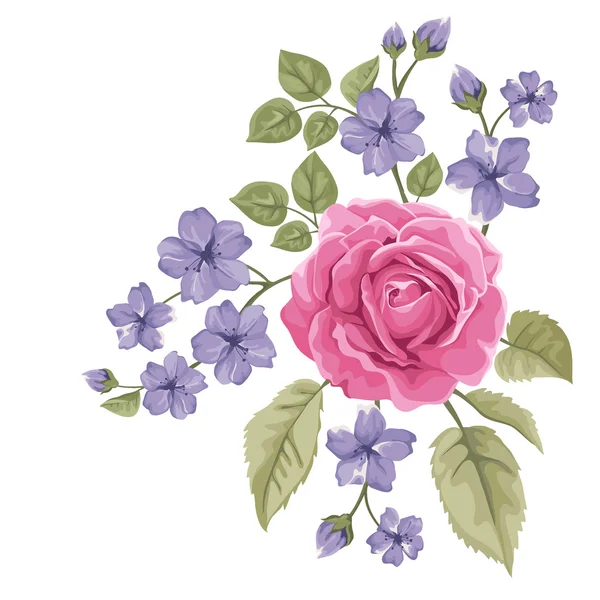 Rose isolée sur blanc avec des fleurs bleues . — Image vectorielle