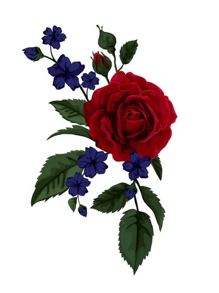 Rose isolée sur blanc avec des fleurs bleues . — Image vectorielle