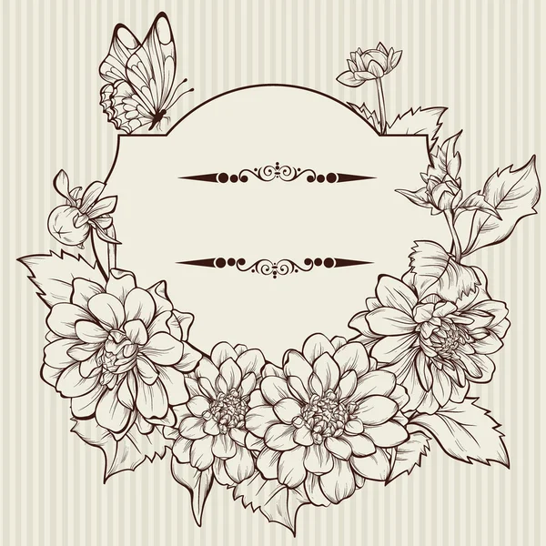 Vintage elegant vector card with a bouquet of dahlia flowers and butterfly. Vector illustration. Stock Illustration