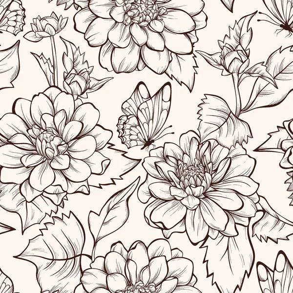 Modèle sans couture avec fleurs de dahlia en fleurs et papillon volant — Image vectorielle