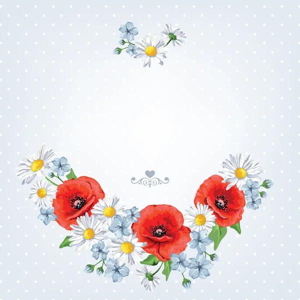 Flores florecientes de primavera. Manzanillas, amapolas. Ilustración vectorial. Perfecto para tarjetas de felicitación de fondo e invitaciones de la boda, cumpleaños, día de San Valentín, día de la madre . — Archivo Imágenes Vectoriales