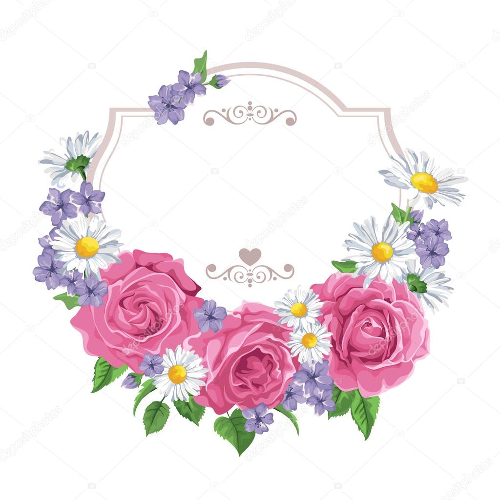 Blossoming roses with spring flowers on white. Vector illustration.