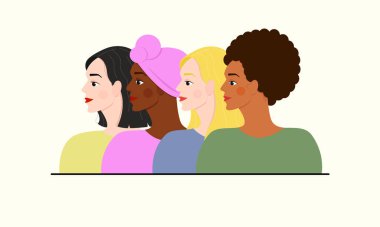 Profilde dört kadının resmi var. Farklı milletler. Kadınlar Günü. Vektör illüstrasyonu