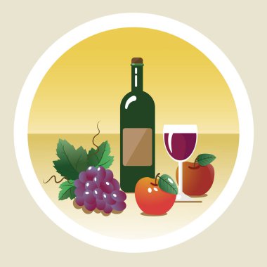 Vektör çizimi. Bir şişe şarap, bir bardak, elma ve üzümle hayat.
