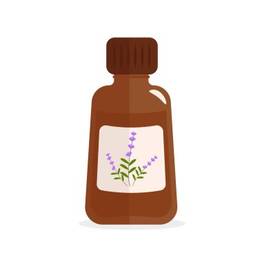 Homeopati doğal tıp. Sağlıklı tedavi için kullanılan kahverengi şişede lavanta özü olan homeopatik doğal iyileşme taşıyıcı doğal hastalık.