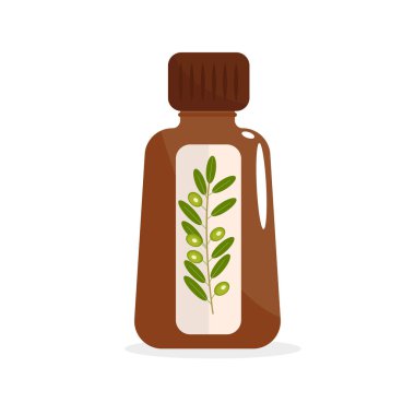 Zeytinyağı özlü kahverengi şişe. Doğal homeopati. Halk tıbbı. Vektör illüstrasyonu