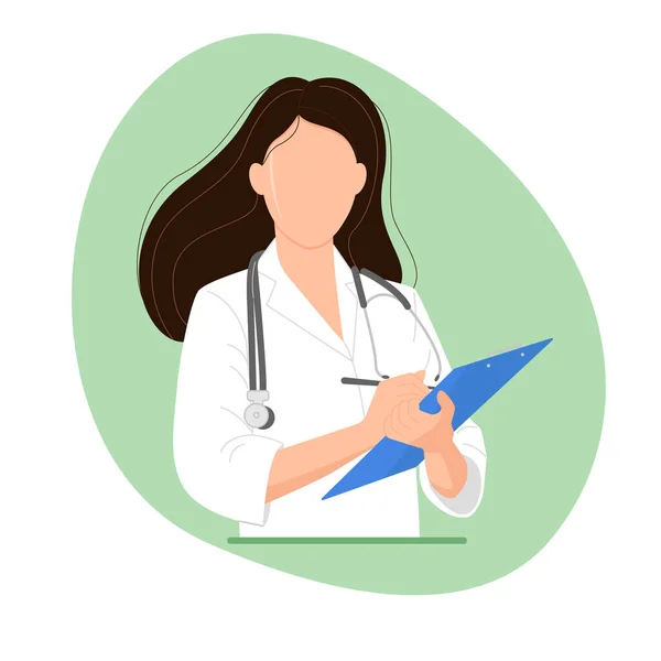 青いタブレットを持つ女性医師 緑の背景に隔離された画像 医療従事者 — ストックベクタ