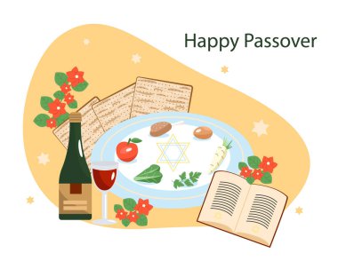 Yahudi bayramı bayramı. Hamursuz Bayramı için geleneksel set. Mısır 'dan göç bayramı. Bir tabak yemek, şarap, bir bardak matzoh, bir Hamursuz Bayramı yemeği, Davut Yıldızı. Vektör illüstrasyonu.