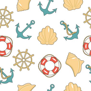 Denizci temasında kusursuz desen. Çapa, can simidi, deniz kabuğu, tekerlek. Tekstil, duvar kağıdı ve internet için vektör illüstrasyonuName.