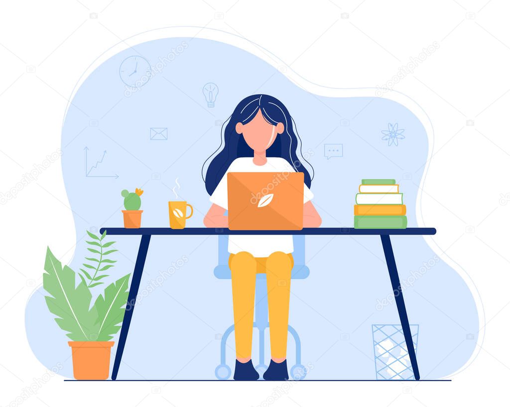 Girl sitting at a desk working with a laptop.Home office. Freelance or training. Cute illustration in flat style.