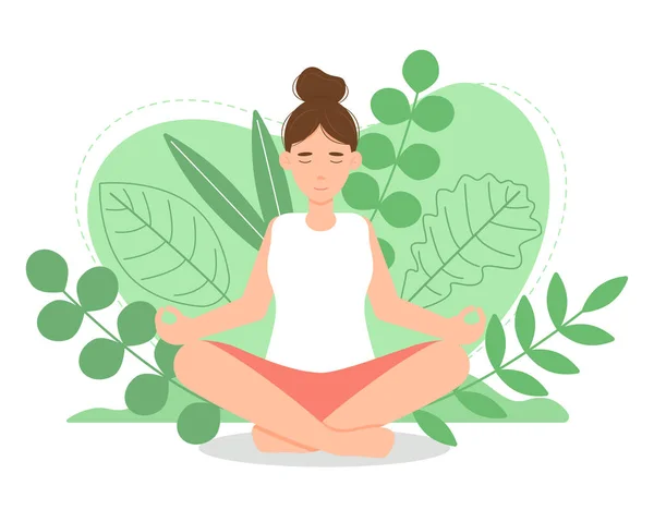 Kadın doğada meditasyon yapıyor. Yoga, meditasyon, sağlıklı yaşam tarzı kavramları. Web ve yazdırma için düz biçimli vektör illüstrasyonu.