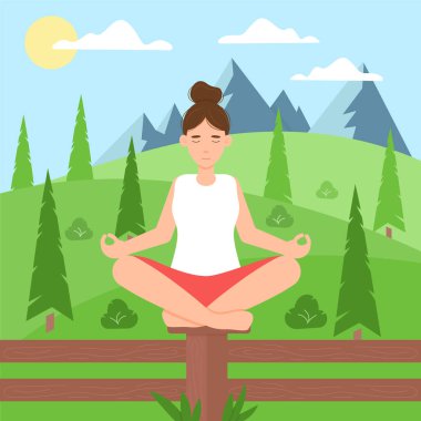 Kız doğada dağlarda yoga yapıyor. Güneş, bulutlar, orman. Sevimli, karikatür, düz bir şekilde vektör çizimi