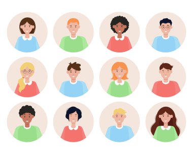 Farklı insanların avatarları. Bir dizi erkek ve kadın portresi. Kullanıcı fotoğrafı. Vektör illüstrasyonu