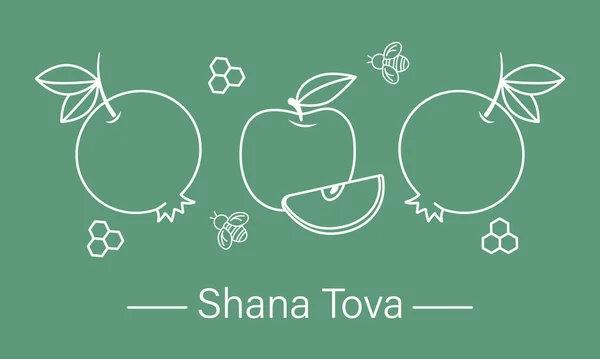 Rosh Hashanah, yeşil arka planda elma, nar ve arı desenli tebrik kartı tasarımı. Doğrusal sanat. Vektör illüstrasyonu