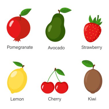 Beyaz arka planda izole edilmiş farklı meyve kümeleri. Meyve simgeleri