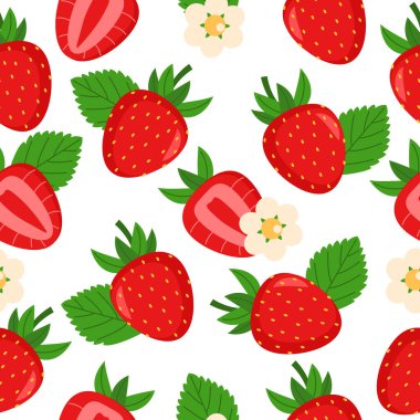 Çilek, yeşil yapraklar ve çiçeklerle kusursuz desen. Duvar kağıdı, şablon dolguları, web sayfası arkaplanı, yüzey dokuları için kullanılabilir
