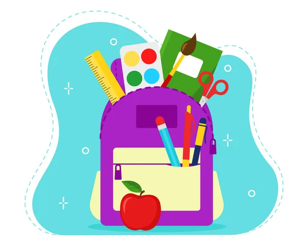 Sac Dos Scolaire Avec Divers Fournitures Scolaires Crayons Stylos Peintures — Image vectorielle