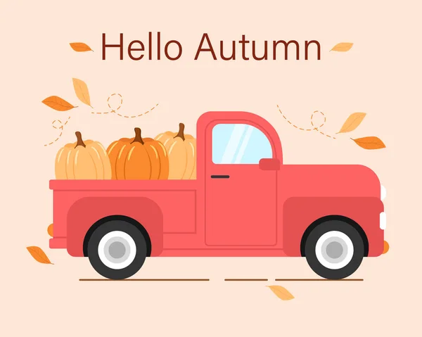 Camioneta Lleva Una Calabaza Inscripción Hola Otoño Ilustración Vectorial Estilo — Archivo Imágenes Vectoriales