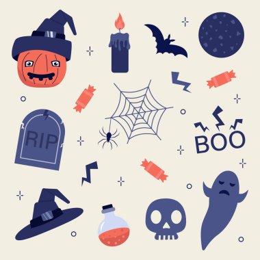 Cadılar Bayramı için bir takım elementler. Balkabağı, mum, şeker, örümcek ağı, matara, şapka. Düz biçimli vektör illüstrasyonu.